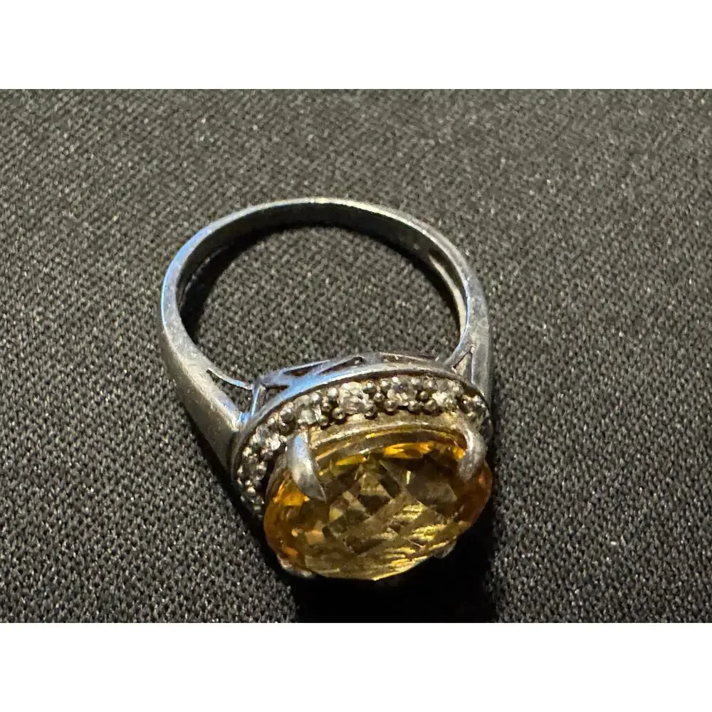 925 Silver Citrine & Diamond Faceted Stone Ring Size 7